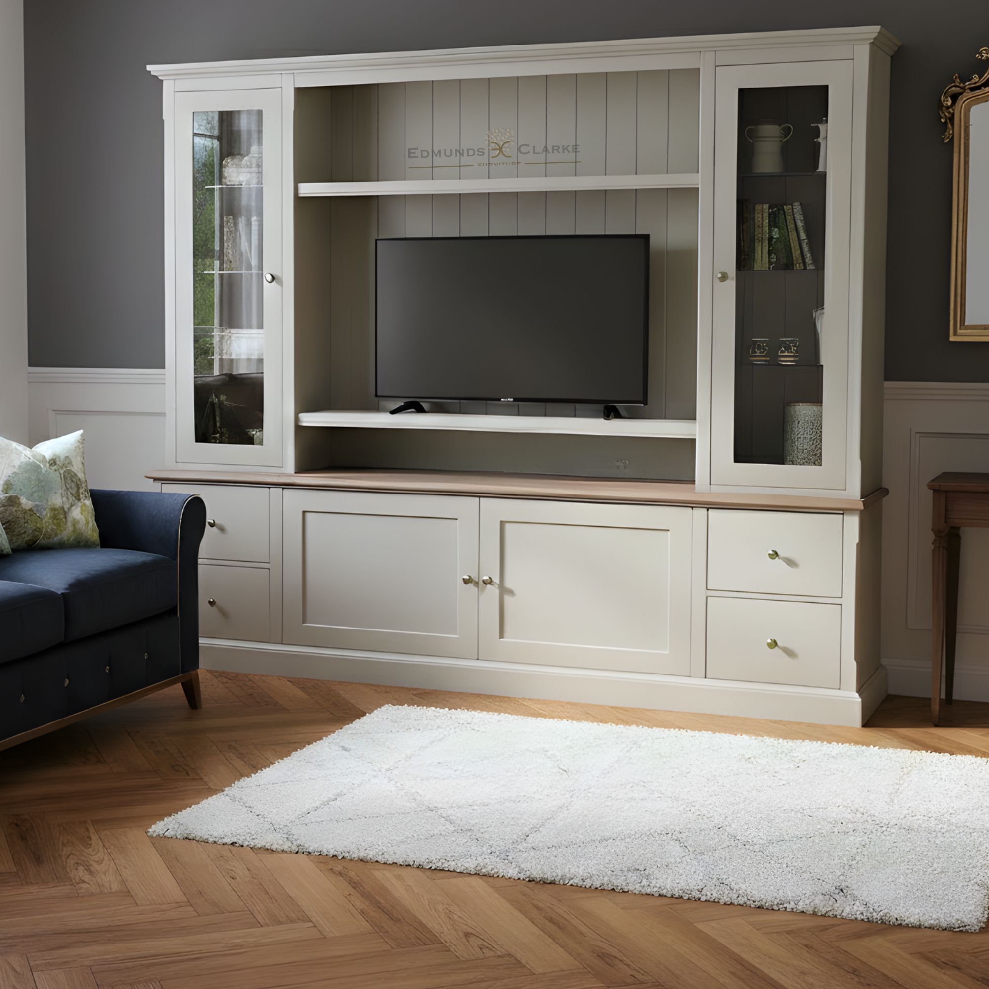 EDMWDTV Edmunds TV Wall Display Units. Showing glazed doors and oak top. a grand piece for your tv