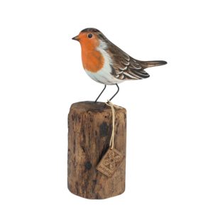 Fat Robin Carving on wood side view. Edmunds Clarke Furniture