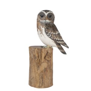 Little Owl carving on wood block front. Edmunds Clarke Furniture