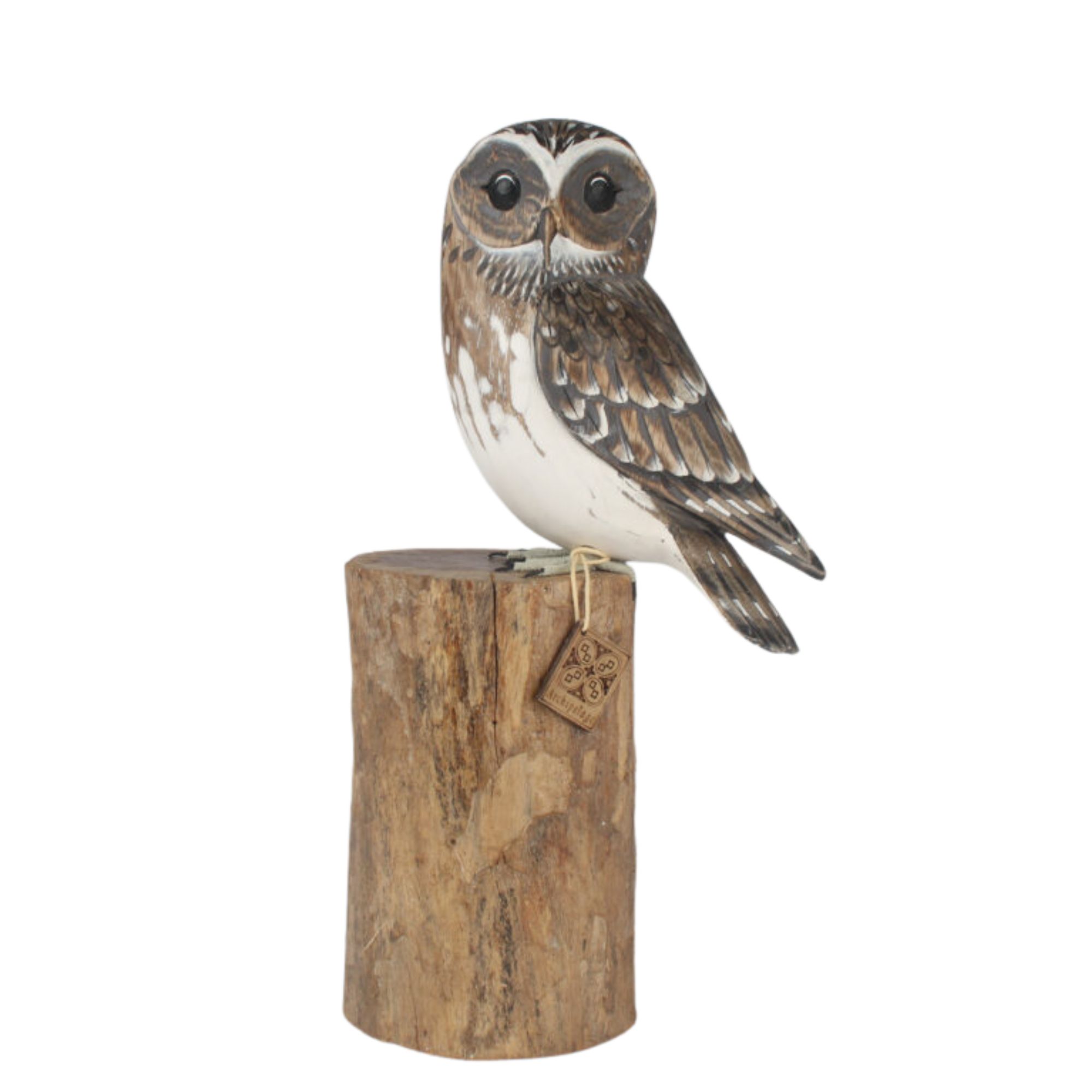 Little Owl carving on wood block front. Edmunds Clarke Furniture