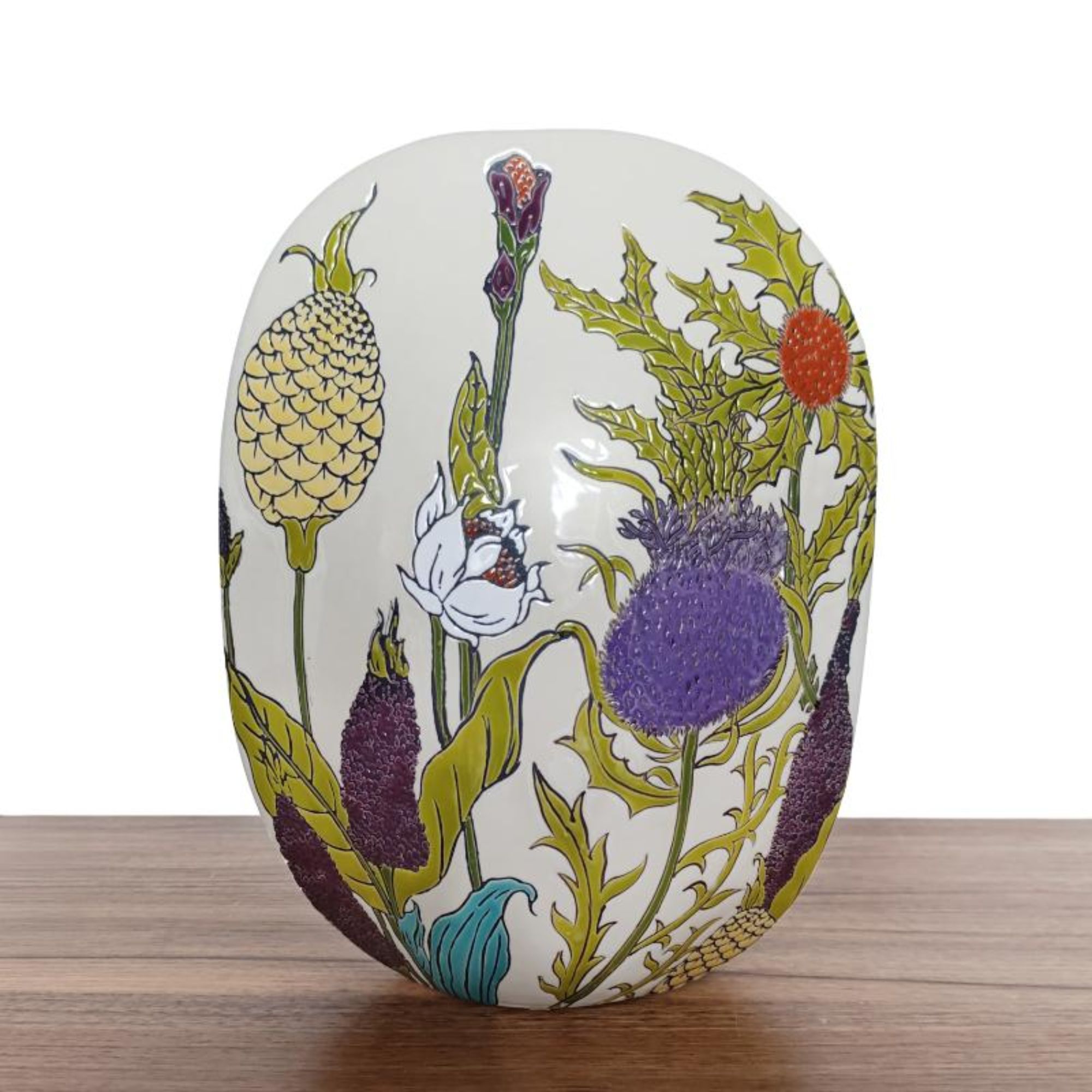 Thistlebud large vase colourful greens, purples, oranges