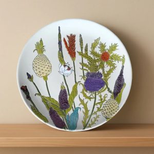 Thistlebud plate for decorative use only. Colourful greens, orange and purples. measures 37cm dia. 100% Stoneware. Edmunds Clarke Furniture
