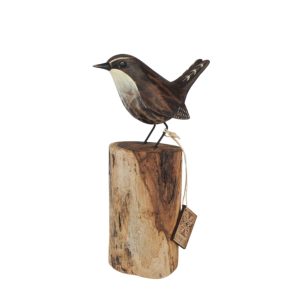 Wren wooden carving on wood stump. Edmunds Clarke Furniture
