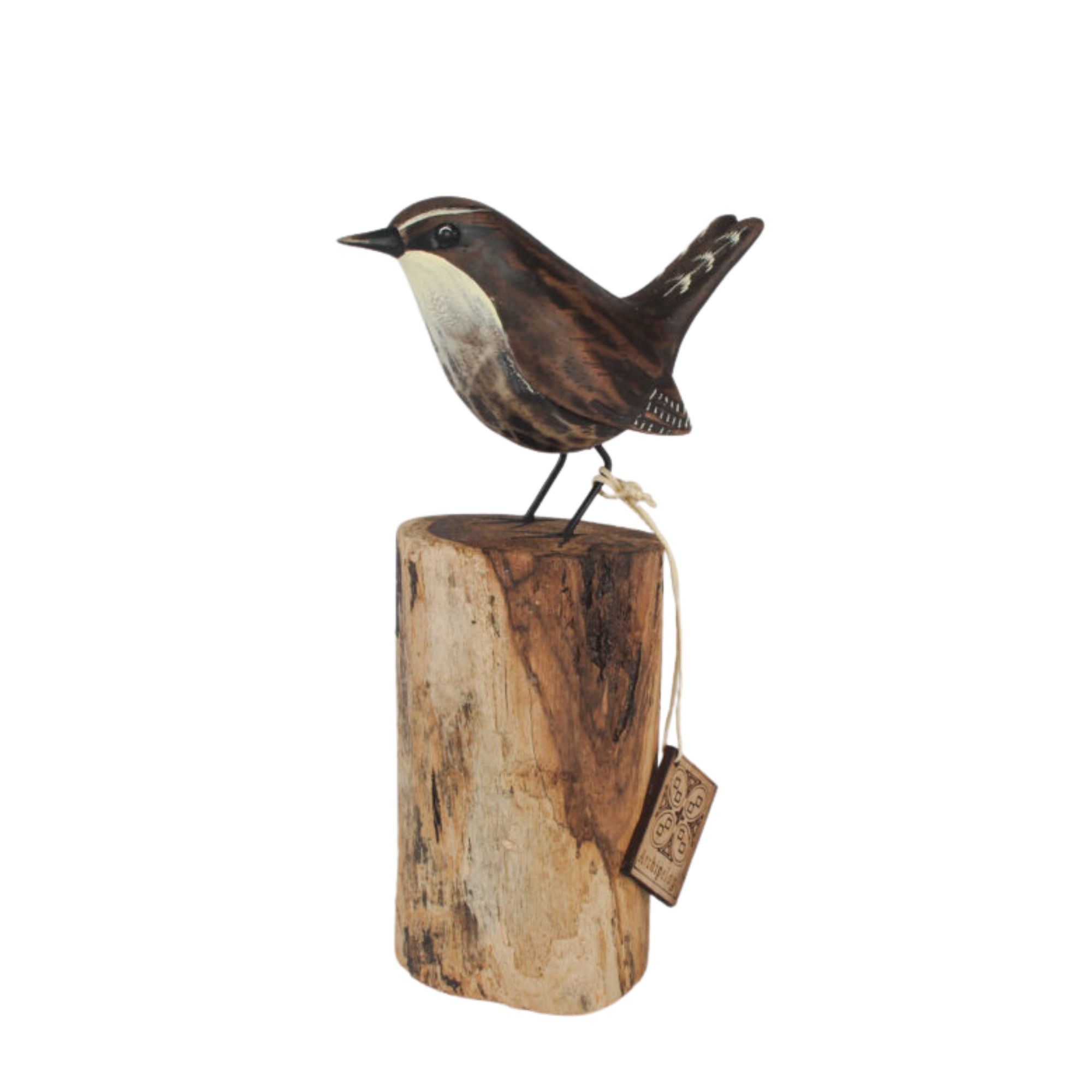 Wren wooden carving on wood stump. Edmunds Clarke Furniture