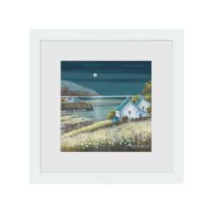 AK13016 Harbour Light framed art, cute cottage by the harbour at moonlight