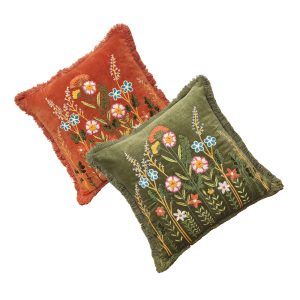 Chloe Velvet and floral embroidery cushion - Sunset & Moss