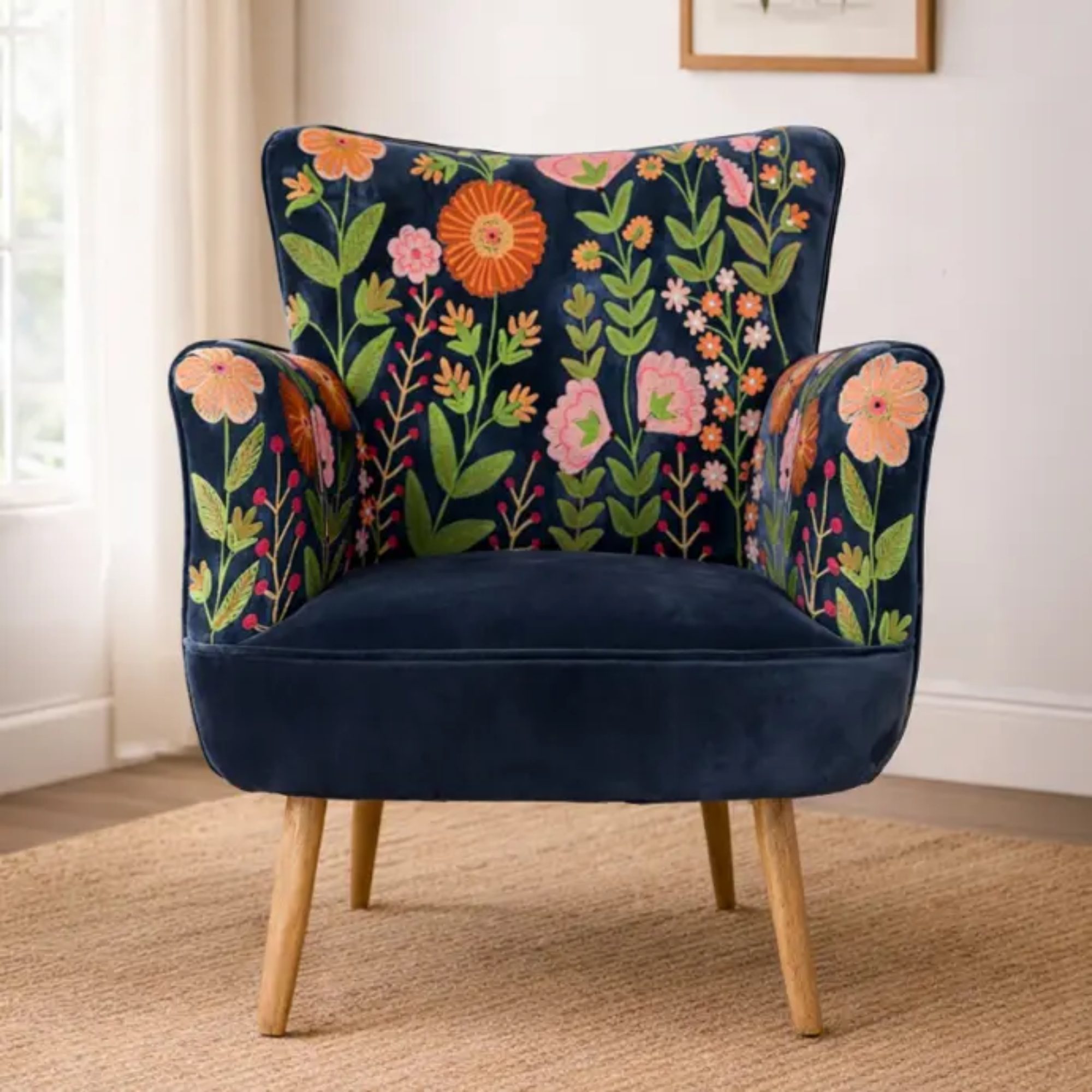 Amelia Chair Birley Velvet navy. Navy with green orange floral design