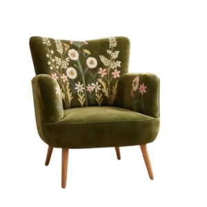 Amelia chair. Velvet fabric with floral design in a green moss colour. Edmunds Clarke furniture