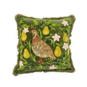 Freyr Velvet Cushion. Colour Moss with embroidered game bird