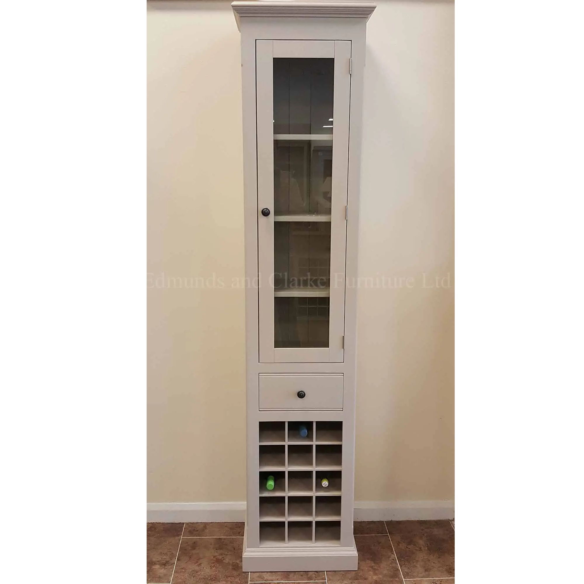 Bespoke painted tall narrow cupboard with glazed wine rack