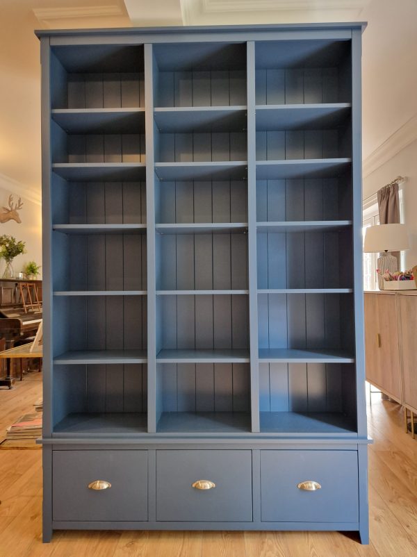 Bespoke bookcase with 3drawers painted stiffkey blue