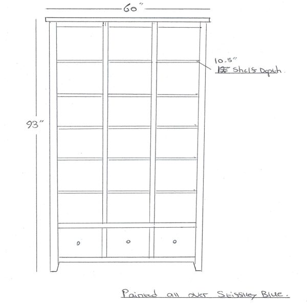 Bespoke tall bookcase with drawers underneath Sketch