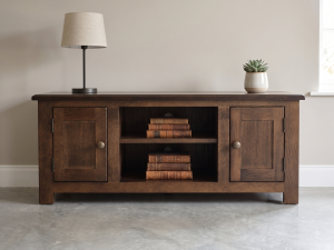 mid dark oak modern 2 cupboard tv unit with double central gap