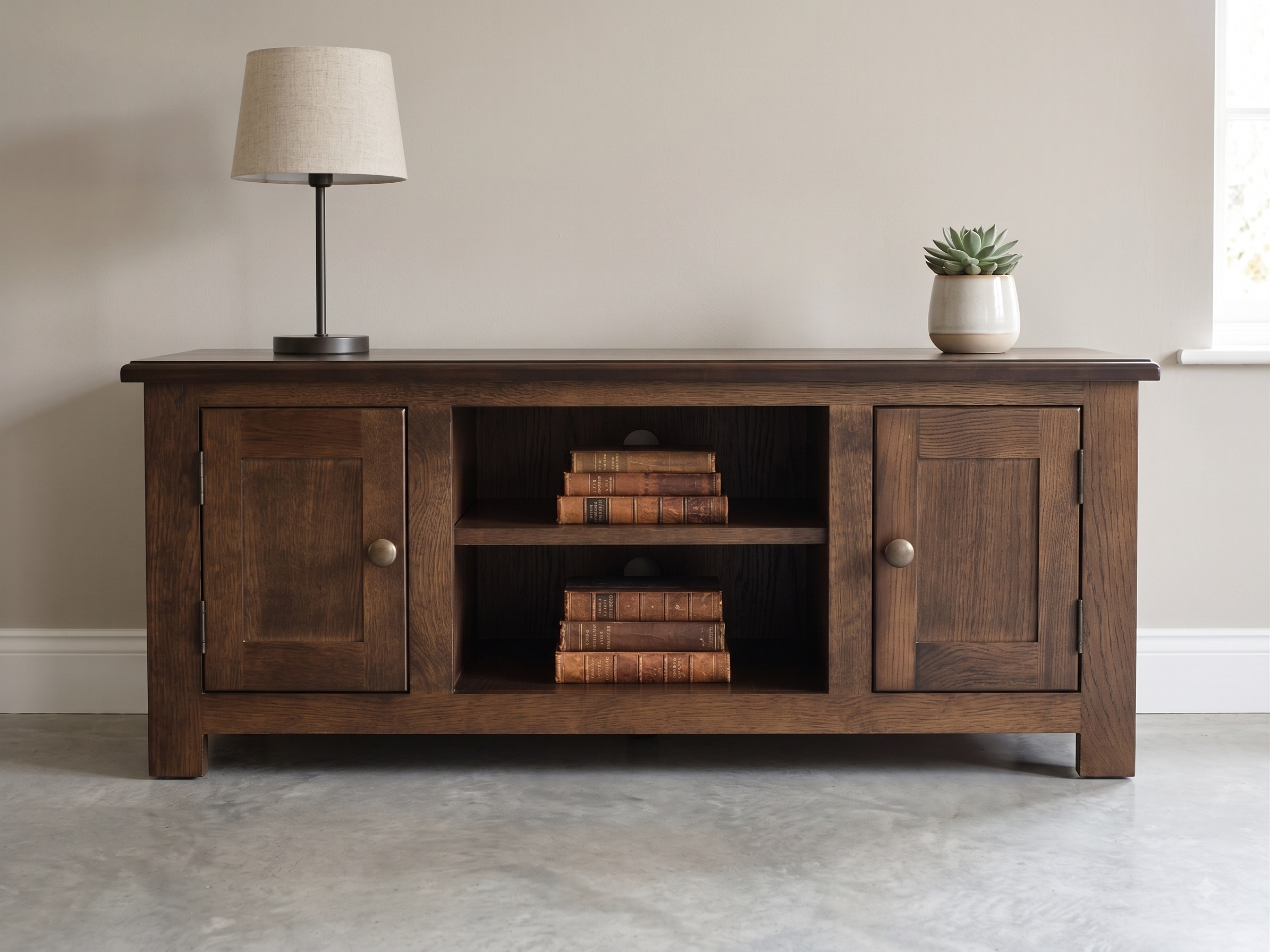 mid dark oak modern 2 cupboard tv unit with double central gap