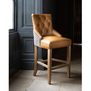 Genoa Barstool Tan leather Harrington wool back detail